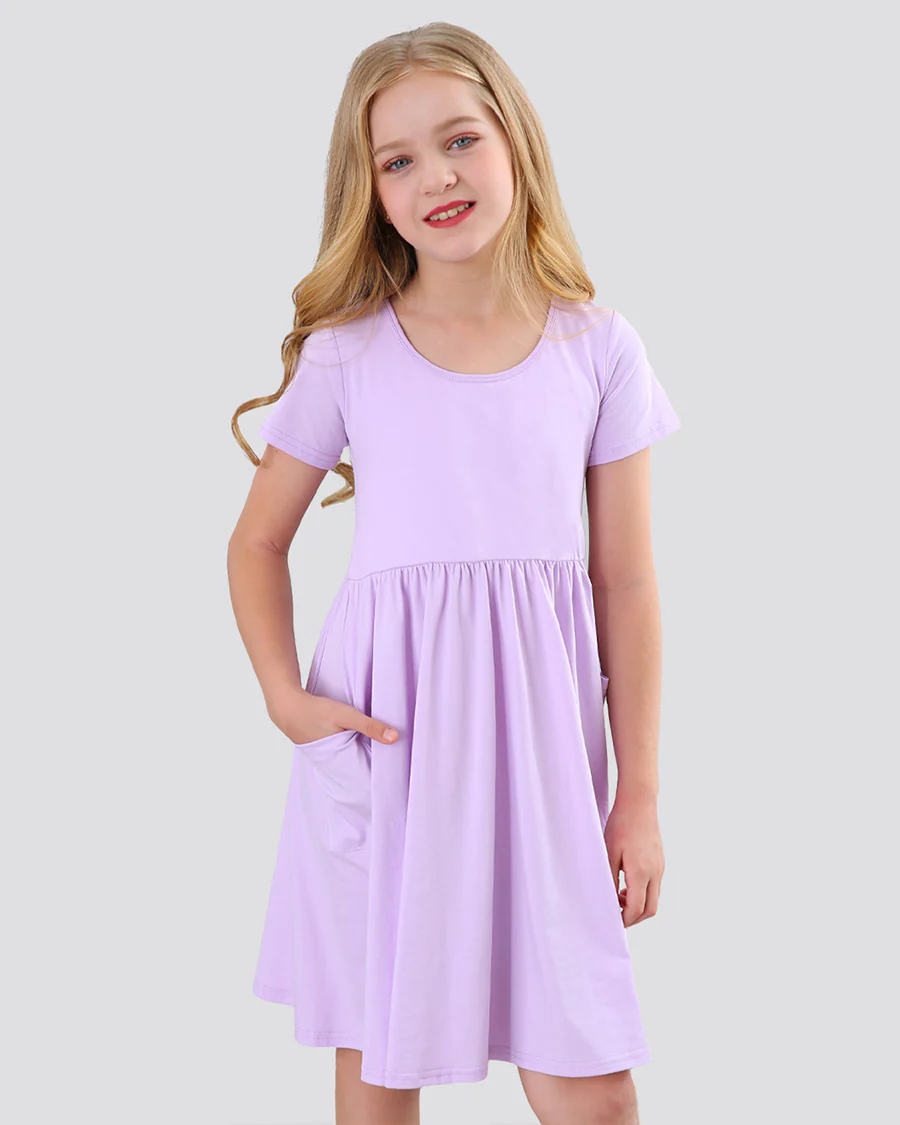 Girls Short Sleeve A-Line Twirly Dress with Pockets - Image 3