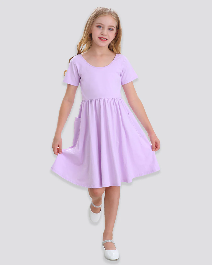 Girls Short Sleeve A-Line Twirly Dress with Pockets - Image 4