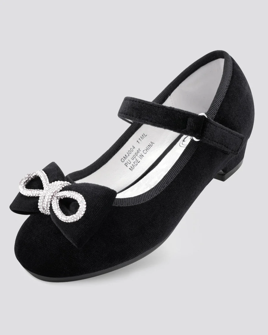 Girls Classic Mary Jane Shoe | Velvet Heels with Crystal Bows - Image 2