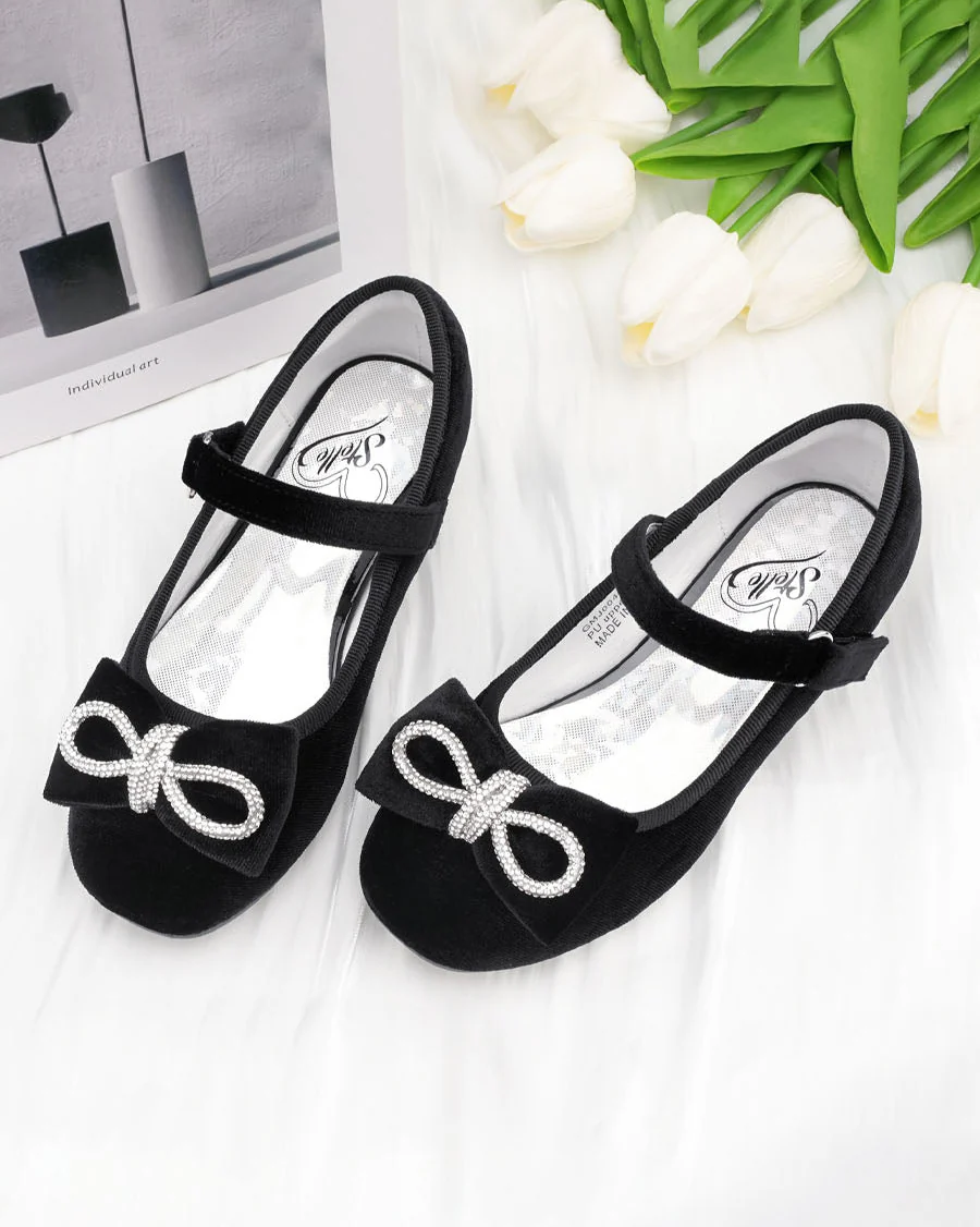 Girls Classic Mary Jane Shoe | Velvet Heels with Crystal Bows - Image 3