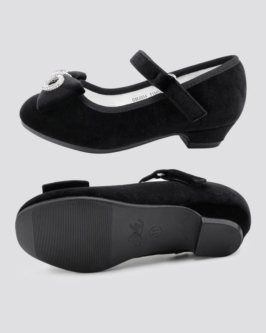 Girls Classic Mary Jane Shoe | Velvet Heels with Crystal Bows - Image 4