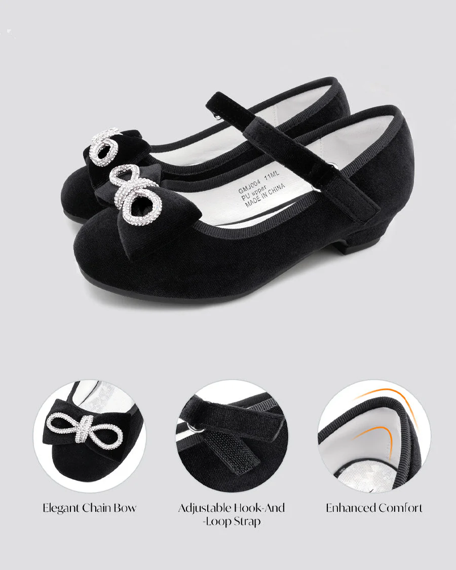 Girls Classic Mary Jane Shoe | Velvet Heels with Crystal Bows - Image 5