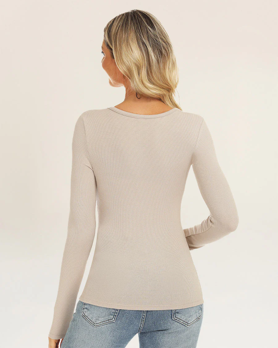 Ribbed Knit Henley Top | Long-Sleeve Shirt with 6 Buttons - Image 2