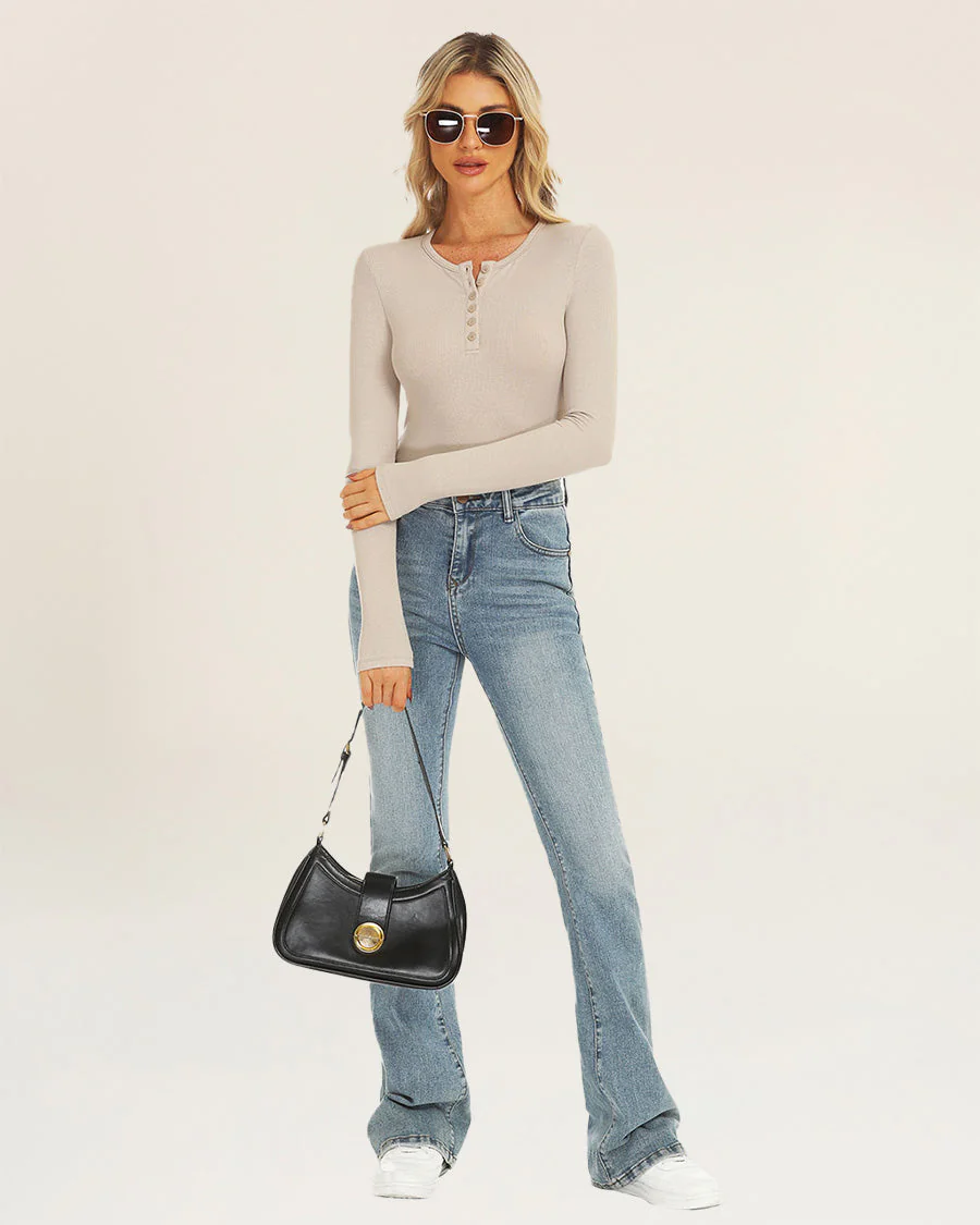 Ribbed Knit Henley Top | Long-Sleeve Shirt with 6 Buttons - Image 3